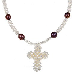 Lee Sands Silvertone Metal White and Chocolate Pearl Cross Necklace
