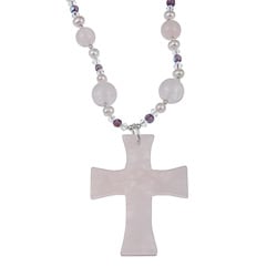 Lee Sands Sterling Silver Rose Quartz and Pearl Cross Necklace (4.5-5 mm)