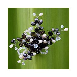Pearl and Smokey Quartz 'Shadow Garden' Brooch (4-6 mm) (Thailand)