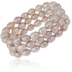 Stonique Creations Silver Pink Freshwater Pearl 3-row Stretch Bracelet (7-9 mm)