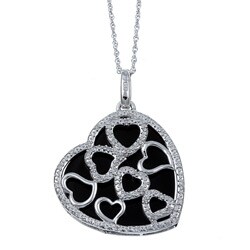 Silver Black Agate and 1/10ct TDW Diamond Heart Necklace (I-J, I3)
