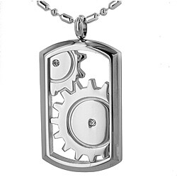 Stainless Steel Gear Cutout and Cubic Zirconia Dog Tag Necklace