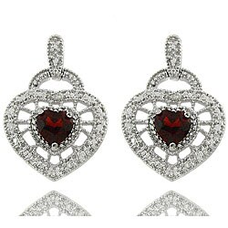 Sterling Silver Garnet and Diamond Accent Heart Drop Earrings