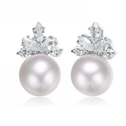 Sterling Silver Faux White Pearl and Clear Cubic Zirconia Earrings
