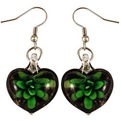 Murano Inspired Glass Black and Green Flower Heart Earrings