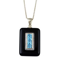 Gold over Sterling Silver Blue Topaz, Black Agate and Cubic Zirconia Necklace