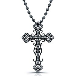 Black Rhodium Silver 1/3ct TDW Diamond Vintage Cross Necklace (J, I2-I3)