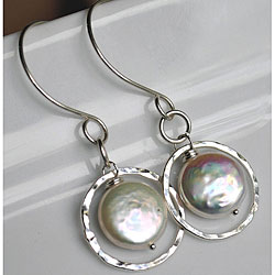 Silver and White Pearl Circle Dangle Earrings