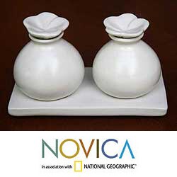 Set of 2 Ceramic 'White Bali Frangipani' Oil Bottles (Indonesia)