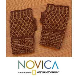 Alpaca Wool 'Cinnamon Honeycomb' Fingerless Gloves (Peru)