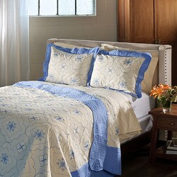 Lace Embroidered Cotton Blue Quilt Set