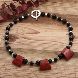Silverplated Point of Origin Coral and Onyx Necklace