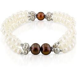 Brown, Grey and White Freshwater Pearl 3-strand Stretch Bracelet (4-9 mm)