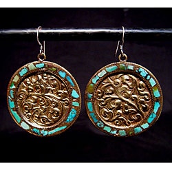 Brass and Sterling Silver Turquoise Circle Earrings (Nepal)