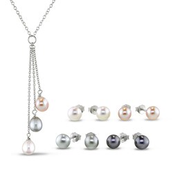 Sterling Silver Multicolor Pearl Jewelry Set (6-6.5 mm)