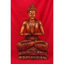 Teak Wood 32-inch Buddha Sitting on Lotus Sculpture (India)