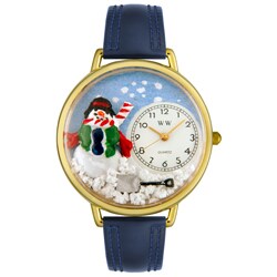 Whimsical Women's Christmas Snowman Theme Navy Blue Leather Strap Watch