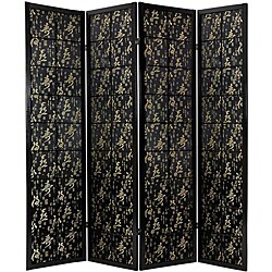 Wood 6-foot 4-panel Feng Shui Black Fabric Shoji Screen (China)