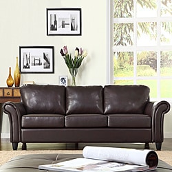 ETHAN HOME Petrie Dark Brown Faux Leather Rolled Arm Sofa