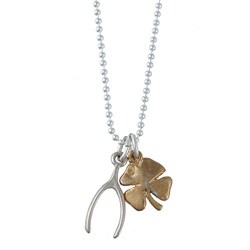 Charming Life Gold Overlay and Silver Clover and Wishbone Necklace