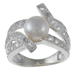 Pearls For You Silver White FW Pearl and White Topaz Ring (8-8.5 mm)
