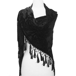 Black Embroidered Fringed Shawl