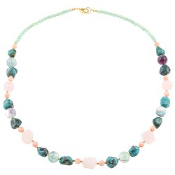Goldtone Turquoise, Rainbow Flourite and Pink Coral Necklace