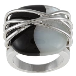 Kate Bissett Silvertone Onyx and Mother of Pearl Cocktail Ring