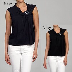 Elio Women's Floral Applique Cap-sleeve Knit Top 