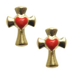 14k Yellow Gold over Sterling Silver Red Heart Cross Stud Earrings