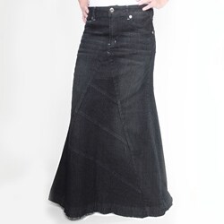 Tabeez Women's Frayed Black Long Denim Skirt