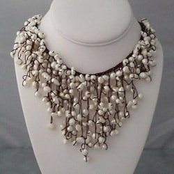 Cotton Natural Pearls Waterfall Bib Necklace (7-12 mm) (Thailand)