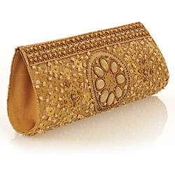 Fabric and Embroidery with Stone Accent Beige Flower Clutch (India)