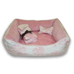 Pink and White Toile Microplush Pet Bed with Toy and Throw