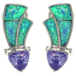 Sterling Silver Created Opal and Cubic Zirconia Contemporary Earrings