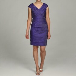 London Times Women's Purple Shimmer Shutter Pleat Cap-sleeve Dress 