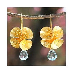 24k Gold over silver 'Spring Lilies' Blue Topaz Flower Earrings (Thailand)