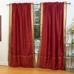 Maroon 84-inch Rod Pocket Sheer Sari Curtain Panel Pair (India)