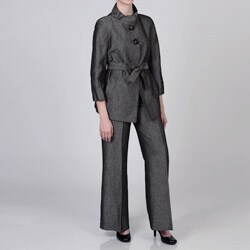 Sharagano Women's Charcoal Linen-blend Belted Pant Suit