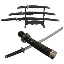 Charcoal Dragon 3-piece Katana Sword Set with Stand