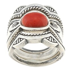 Southwest Moon Sterling Silver Red Coral Roped 3-piece Ring Set