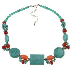 Crystale Silvertone Turquoise and Coral Cluster Necklace
