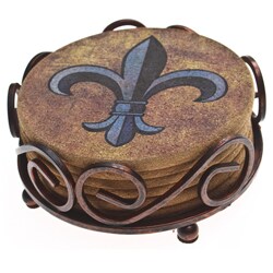 Thirstystone Cork Fleur de Lis Coasters in a Bronze Scroll Holder