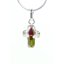 Sterling Silver Single Mini Red Rose Flower Cross Necklace (Mexico)