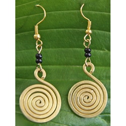 Brass Swirl and Black Glass Bead Earrings (Kenya)