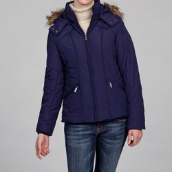 Honee Women's Navy Faux-fur Cinched Waist Puff Coat