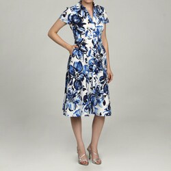 Jessica Howard Women's Petite Blue Button Front Belted Waist Dress