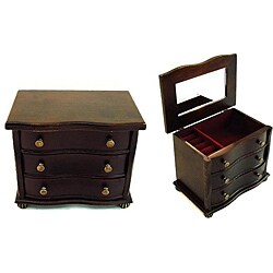 Colonial Jewelry & Keepsake Box in Aged Ebony with Mirror Lid & 2 Drawers