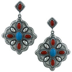 Southwest Moon Sterling Silver Red Coral and Turquoise Earrings
