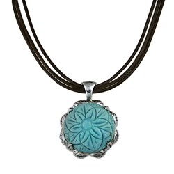 Silvermoon Silver and Leather Cord Carved Turquoise Flower Necklace